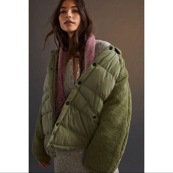 NEW Anthropologie Pilcro Moss Green Hooded Snap-Button Swing Puffer Jacket Coat - Picture 2 of 6